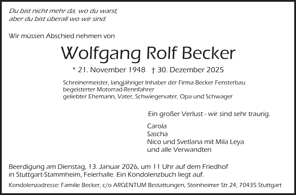  Traueranzeige für Wolfgang Rolf Becker vom 10.01.2026 aus Stuttgarter Zeitung / Stuttgarter Nachrichten