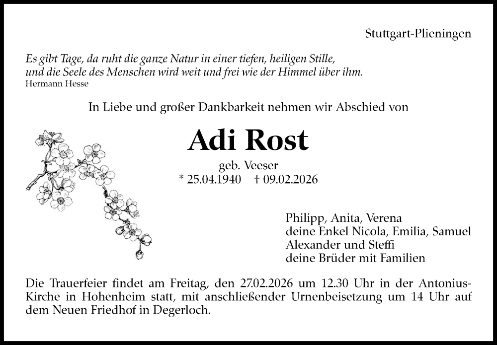  Traueranzeige für Adi Rost vom 14.02.2026 aus Stuttgarter Zeitung / Stuttgarter Nachrichten