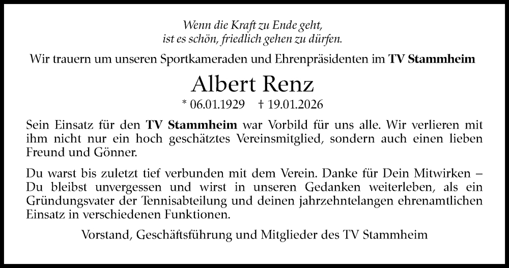  Traueranzeige für Albert Renz vom 06.02.2026 aus Stuttgarter Zeitung / Stuttgarter Nachrichten