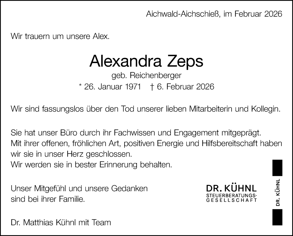  Traueranzeige für Alexandra Zeps vom 14.02.2026 aus Eßlinger Zeitung