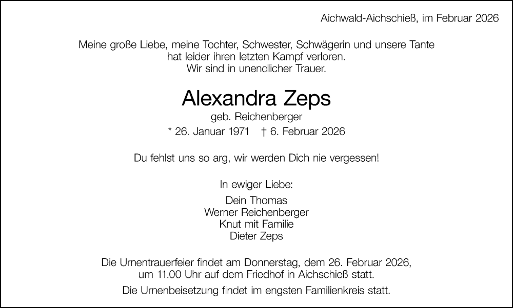  Traueranzeige für Alexandra Zeps vom 14.02.2026 aus Eßlinger Zeitung