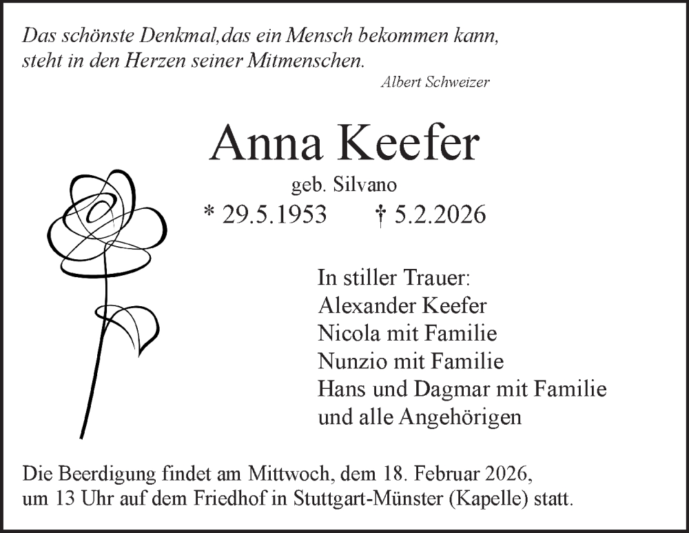  Traueranzeige für Anna Keefer vom 14.02.2026 aus Stuttgarter Zeitung / Stuttgarter Nachrichten