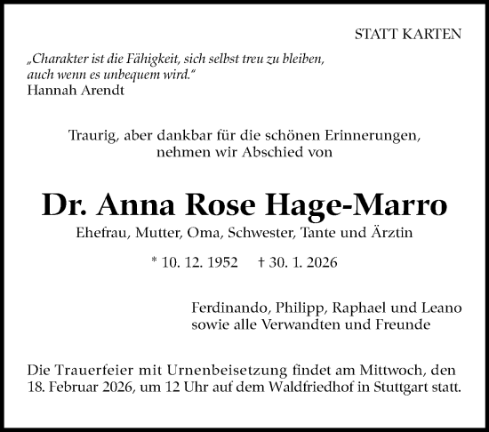 Traueranzeige von Anna Rose Hage-Marro von Stuttgarter Zeitung / Stuttgarter Nachrichten