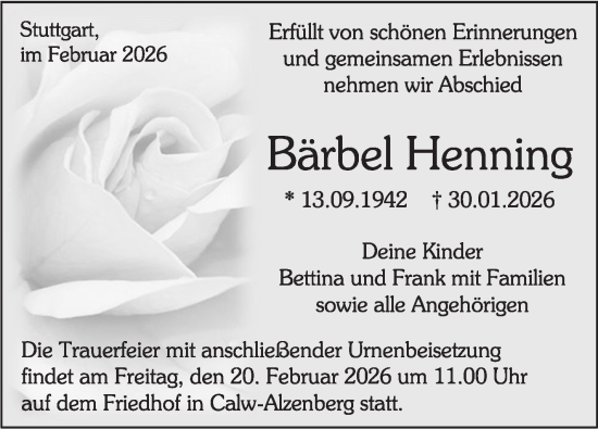 Traueranzeige von Bärbel Henning von Stuttgarter Zeitung / Stuttgarter Nachrichten