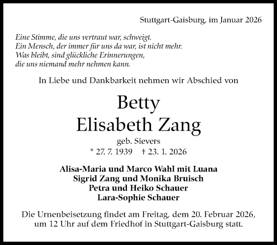 Traueranzeige von Betty Elisabeth Zang von Stuttgarter Zeitung / Stuttgarter Nachrichten