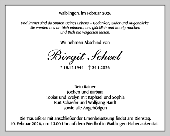 Traueranzeige von Birgit Scheel von Stuttgarter Zeitung / Stuttgarter Nachrichten