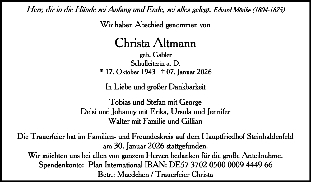  Traueranzeige für Christa Altmann vom 07.02.2026 aus Stuttgarter Zeitung / Stuttgarter Nachrichten