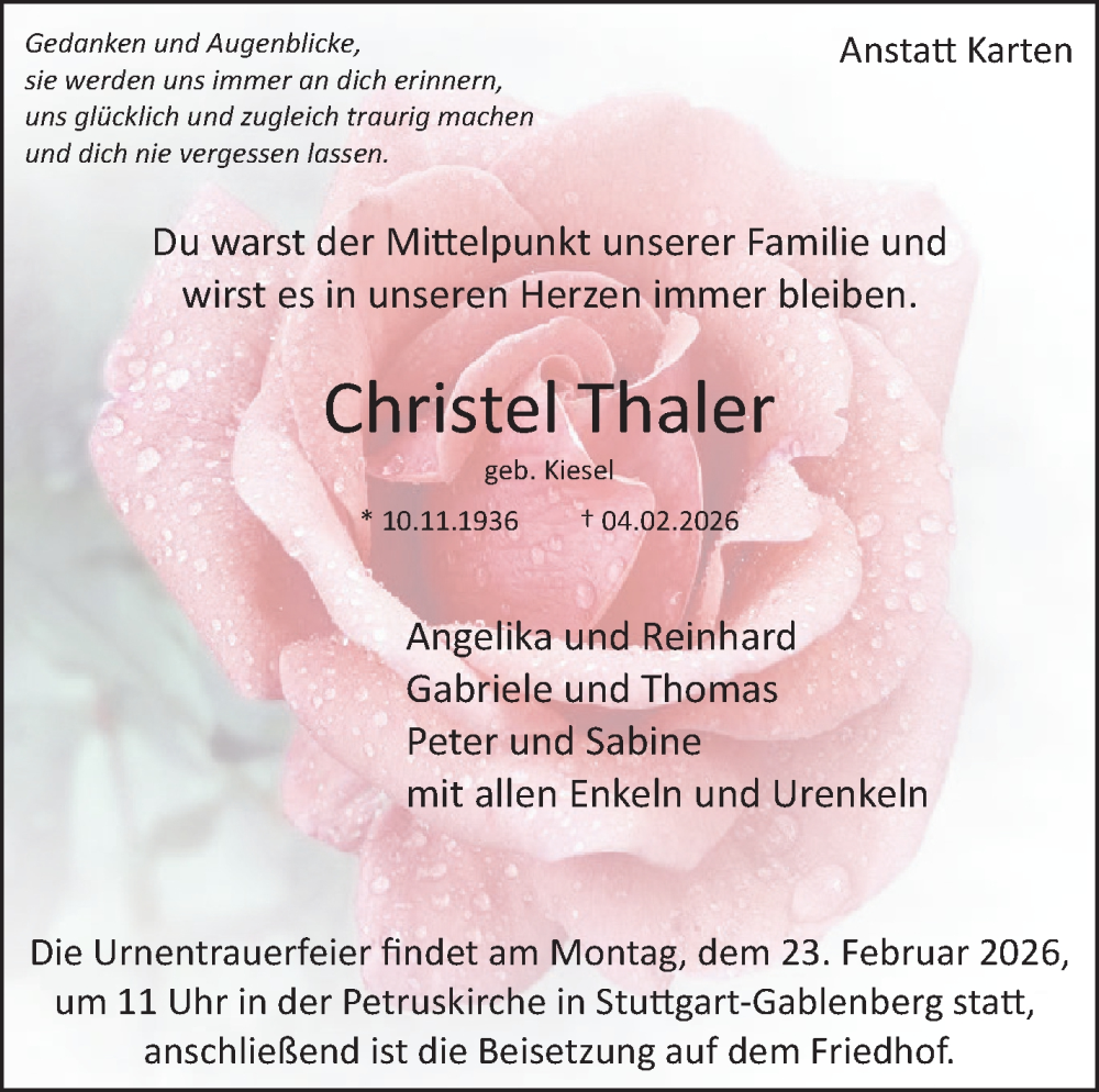  Traueranzeige für Christel Thaler vom 12.02.2026 aus Stuttgarter Zeitung / Stuttgarter Nachrichten