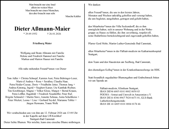 Traueranzeige von Dieter Aßmann-Maier von Stuttgarter Zeitung / Stuttgarter Nachrichten