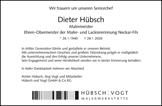 Traueranzeige von Dieter Hübsch von Eßlinger Zeitung