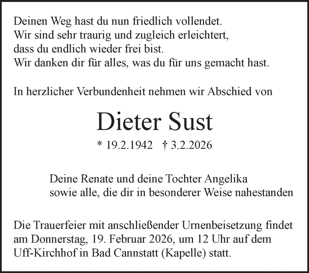  Traueranzeige für Dieter Sust vom 14.02.2026 aus Stuttgarter Zeitung / Stuttgarter Nachrichten