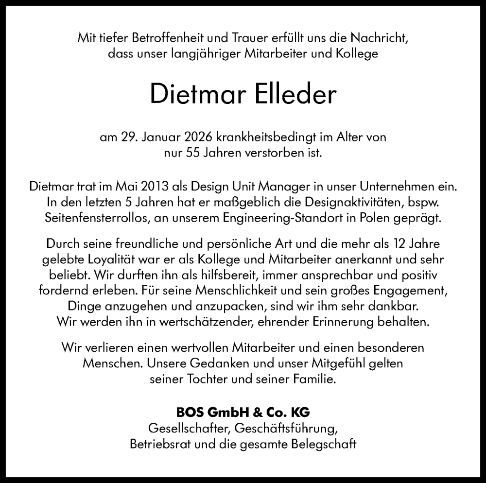  Traueranzeige für Dietmar Elleder vom 09.02.2026 aus Eßlinger Zeitung