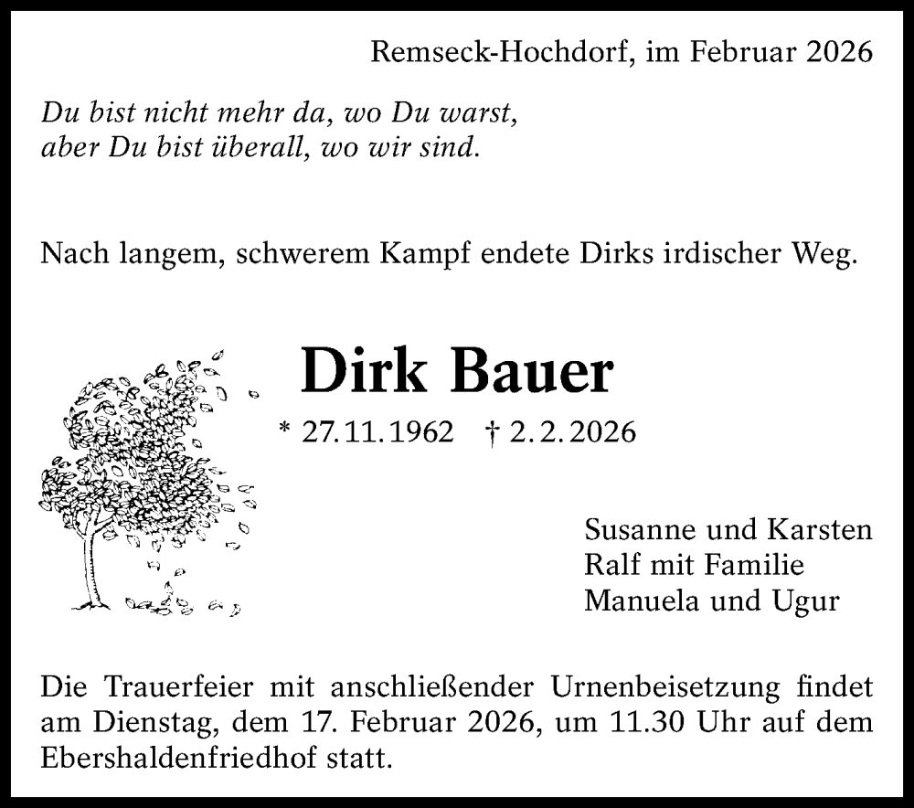  Traueranzeige für Dirk Bauer vom 07.02.2026 aus Eßlinger Zeitung