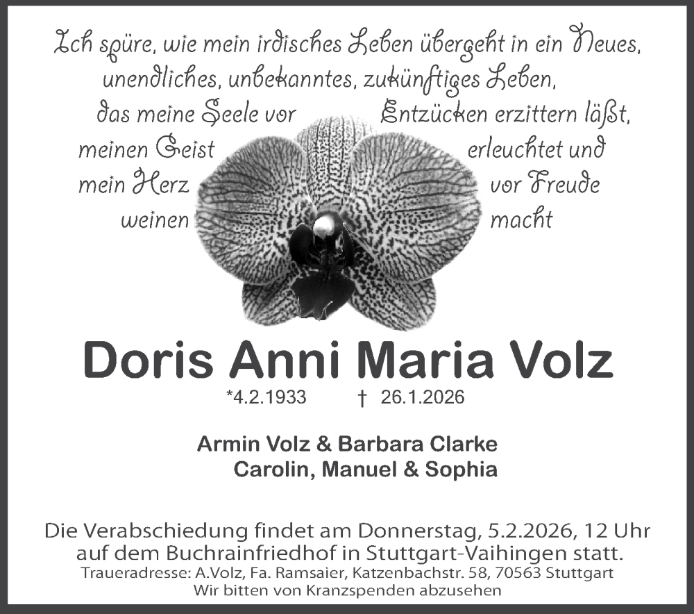  Traueranzeige für Doris Anni Maria Volz vom 02.02.2026 aus Stuttgarter Zeitung / Stuttgarter Nachrichten