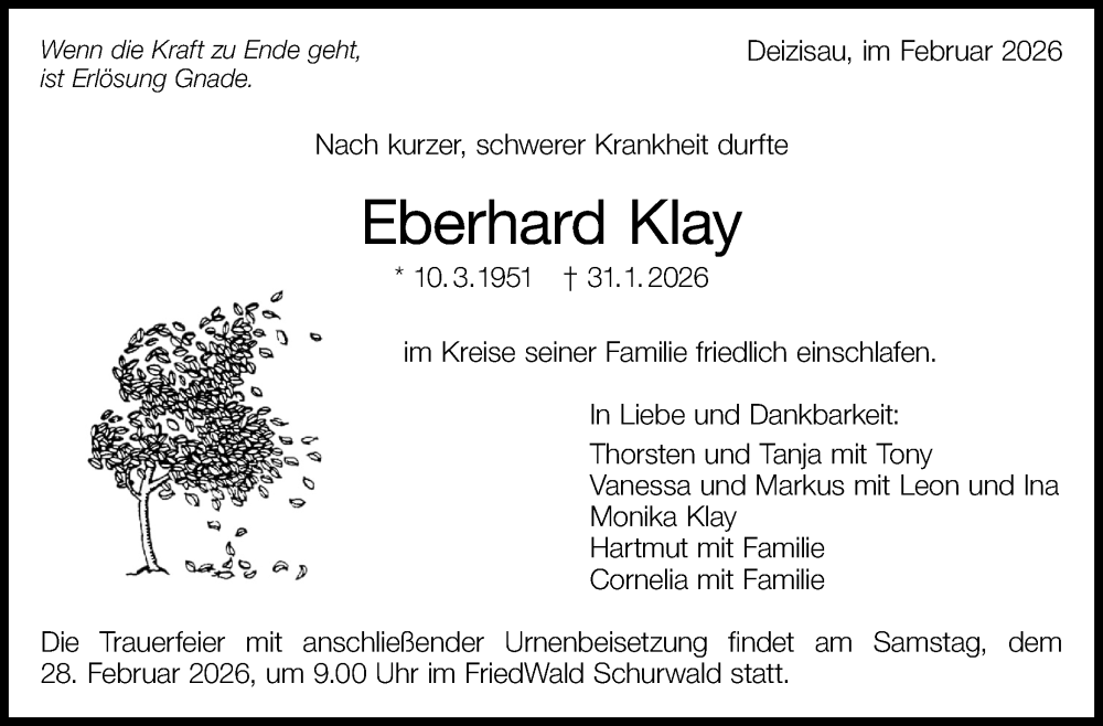  Traueranzeige für Eberhard Klay vom 07.02.2026 aus Eßlinger Zeitung
