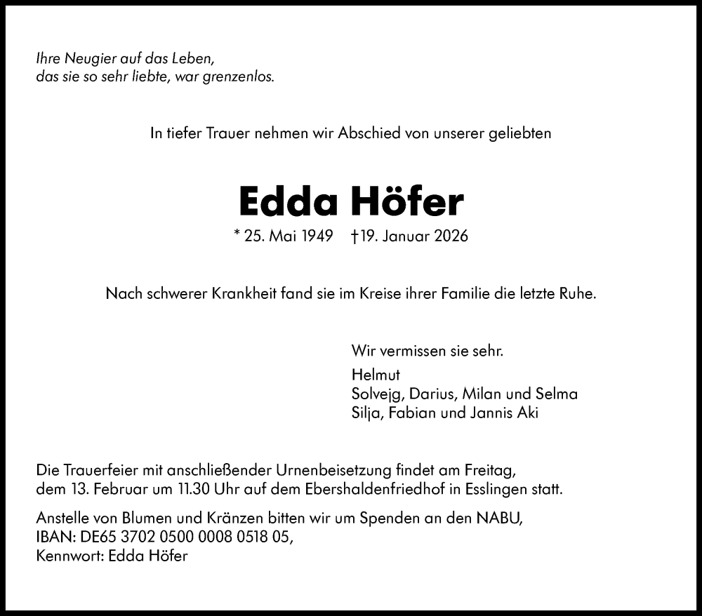  Traueranzeige für Edda Höfer vom 03.02.2026 aus Eßlinger Zeitung