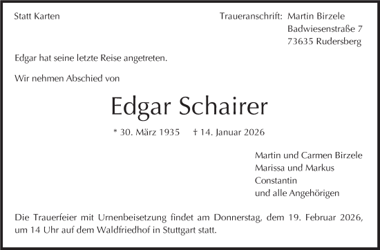 Traueranzeige von Edgar Schairer von Stuttgarter Zeitung / Stuttgarter Nachrichten