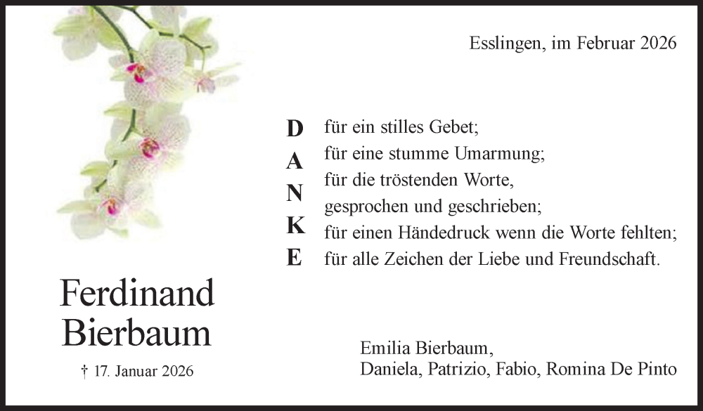  Traueranzeige für Ferdinand Bierbaum vom 07.02.2026 aus Eßlinger Zeitung