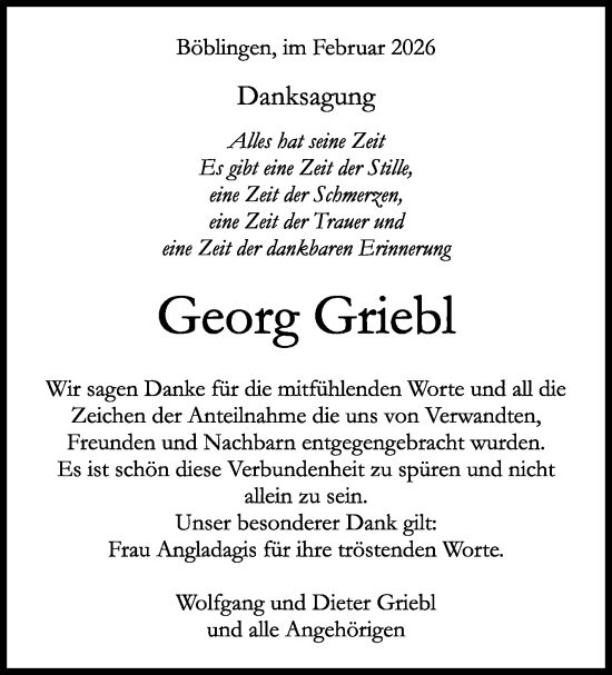 Traueranzeige von Georg Griebl von Kreiszeitung Böblinger Bote