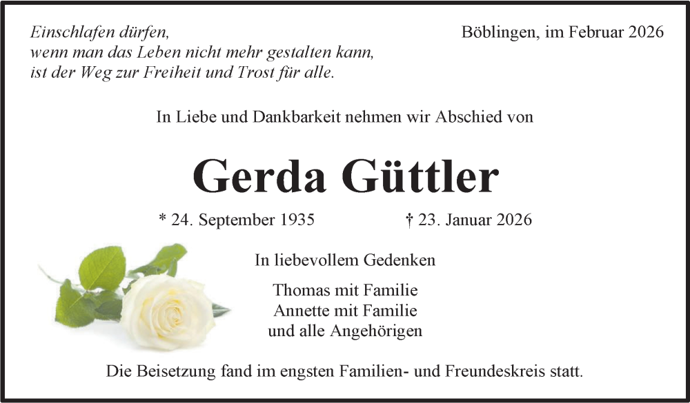  Traueranzeige für Gerda Güttler vom 10.02.2026 aus Kreiszeitung Böblinger Bote