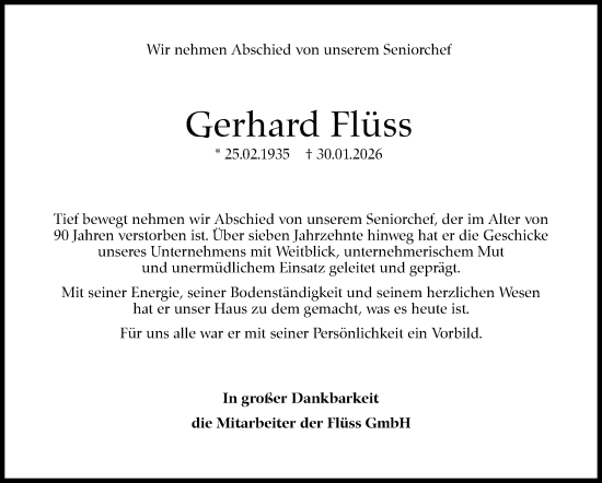 Traueranzeige von Gerhard Flüss von Stuttgarter Zeitung / Stuttgarter Nachrichten