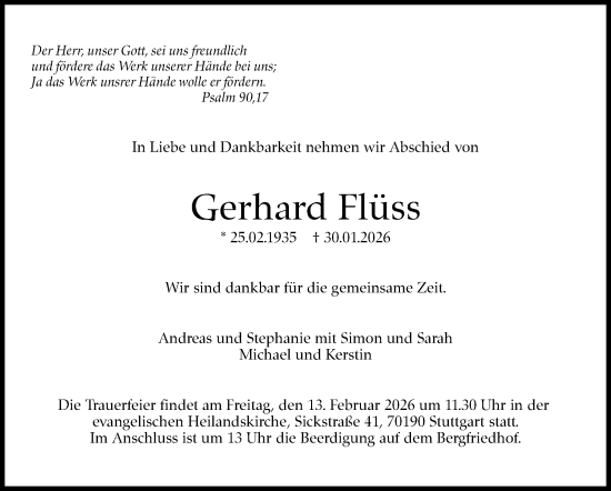 Traueranzeige von Gerhard Flüss von Stuttgarter Zeitung / Stuttgarter Nachrichten