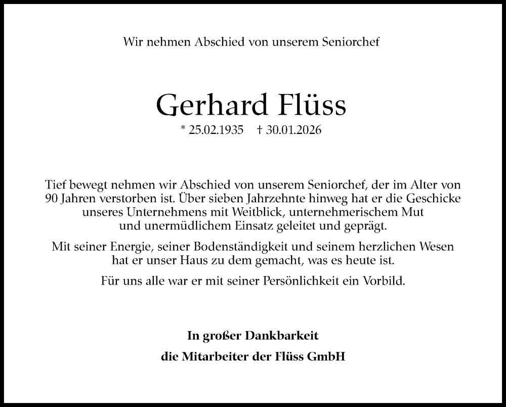  Traueranzeige für Gerhard Flüss vom 07.02.2026 aus Stuttgarter Zeitung / Stuttgarter Nachrichten