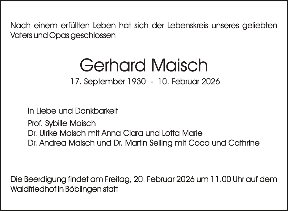  Traueranzeige für Gerhard Maisch vom 14.02.2026 aus Kreiszeitung Böblinger Bote