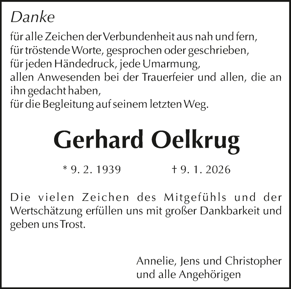  Traueranzeige für Gerhard Oelkrug vom 06.02.2026 aus Kreiszeitung Böblinger Bote