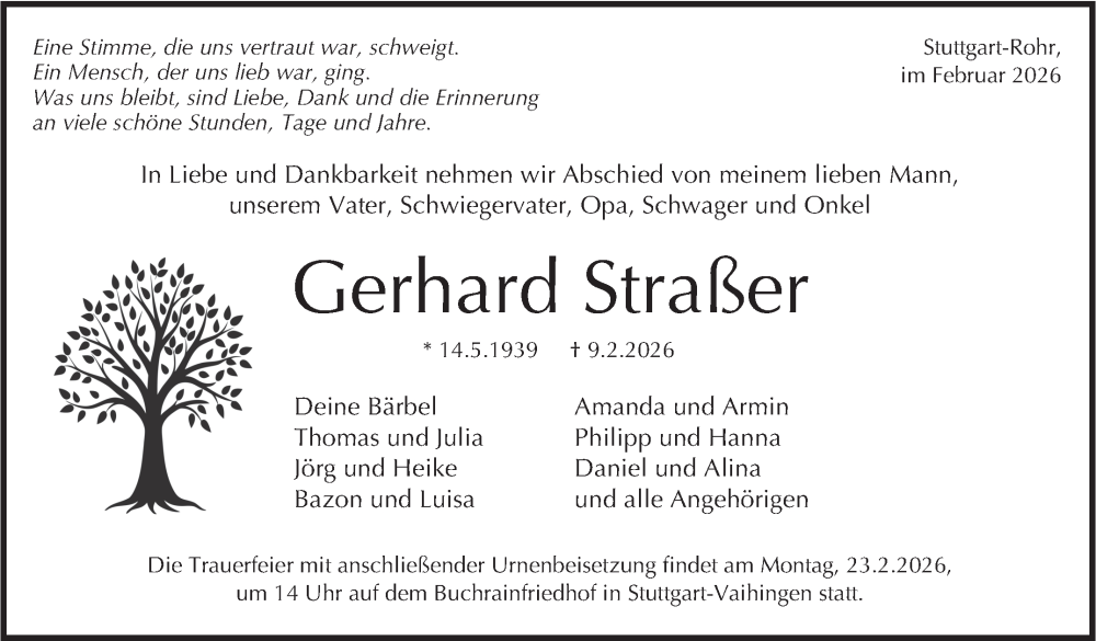  Traueranzeige für Gerhard Straßer vom 14.02.2026 aus Stuttgarter Zeitung / Stuttgarter Nachrichten