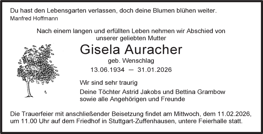  Traueranzeige für Gisela Auracher vom 06.02.2026 aus Stuttgarter Zeitung / Stuttgarter Nachrichten