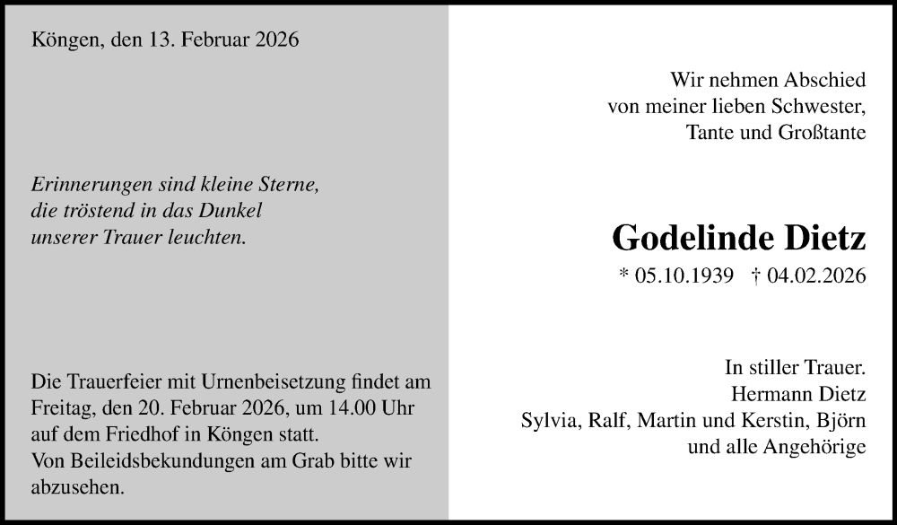  Traueranzeige für Godelinde Dietz vom 13.02.2026 aus Eßlinger Zeitung