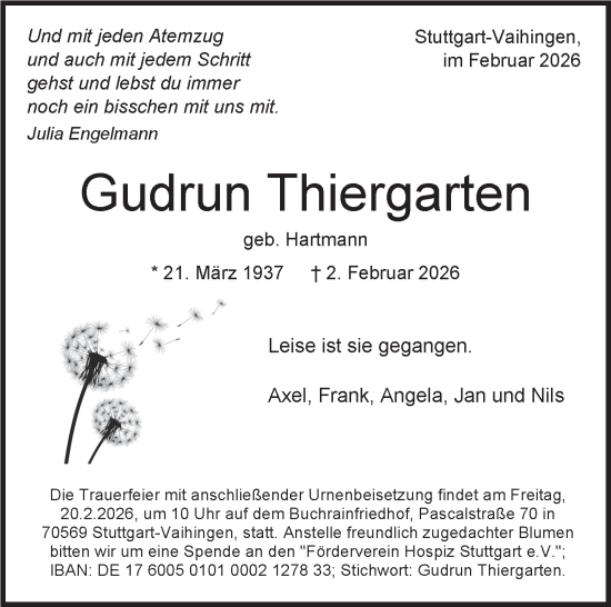 Traueranzeige von Gudrun Thiergarten von Stuttgarter Zeitung / Stuttgarter Nachrichten
