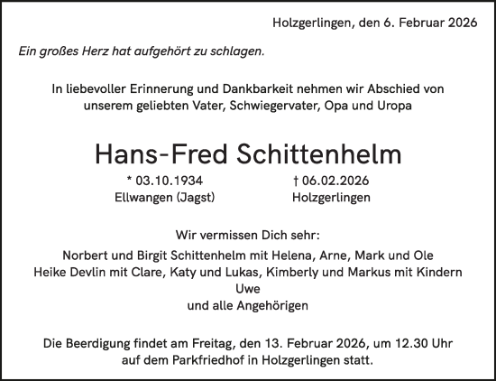 Traueranzeige von Hans-Fred Schittenhelm von Kreiszeitung Böblinger Bote