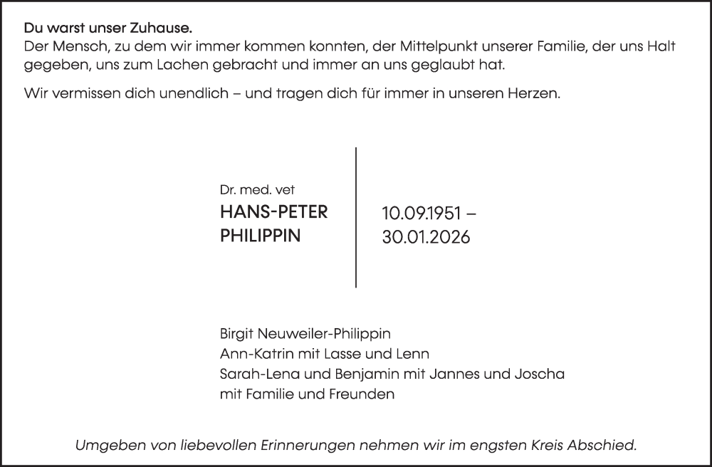  Traueranzeige für Hans-Peter Philippin vom 13.02.2026 aus Leonberger Kreiszeitung / Strohgäu Extra