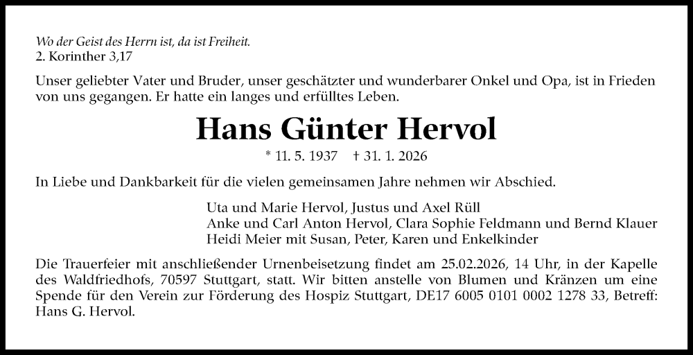  Traueranzeige für Hans Günter Hervol vom 13.02.2026 aus Stuttgarter Zeitung / Stuttgarter Nachrichten
