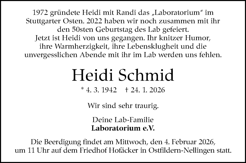  Traueranzeige für Heidi Schmid vom 02.02.2026 aus Stuttgarter Zeitung / Stuttgarter Nachrichten