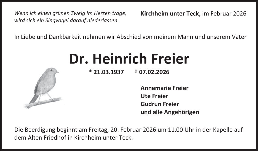  Traueranzeige für Heinrich Freier vom 14.02.2026 aus Eßlinger Zeitung