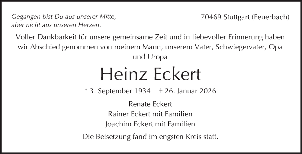  Traueranzeige für Heinz Eckert vom 14.02.2026 aus Stuttgarter Zeitung / Stuttgarter Nachrichten