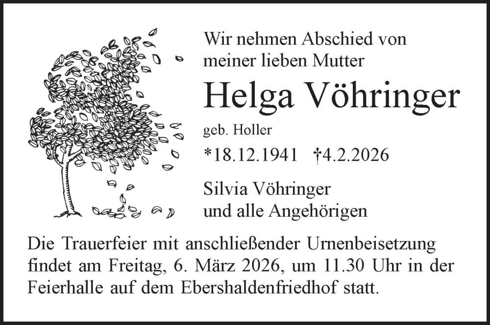  Traueranzeige für Helga Vöhringer vom 14.02.2026 aus Eßlinger Zeitung