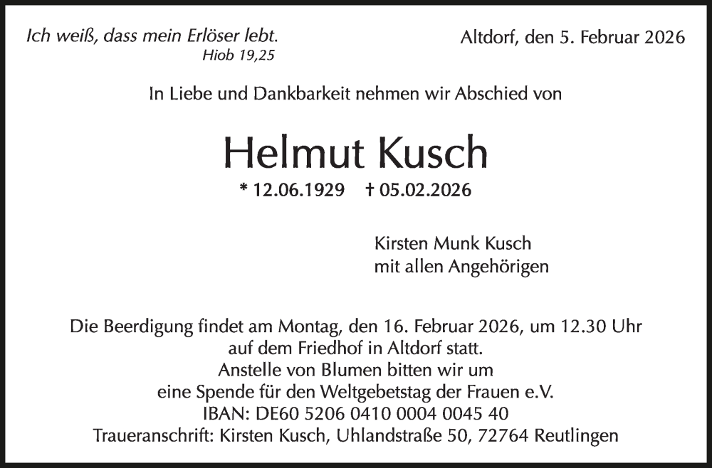  Traueranzeige für Helmut Kusch vom 11.02.2026 aus Kreiszeitung Böblinger Bote