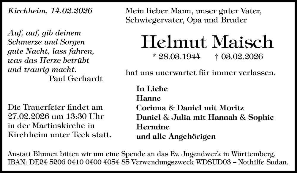  Traueranzeige für Helmut Maisch vom 14.02.2026 aus Eßlinger Zeitung