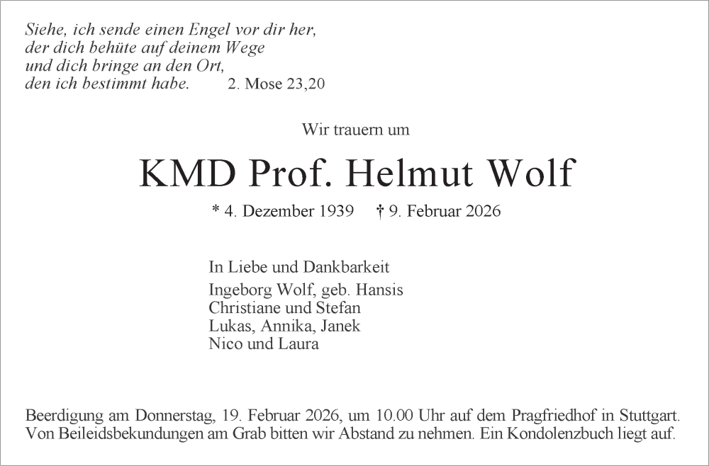  Traueranzeige für Helmut Wolf vom 14.02.2026 aus Stuttgarter Zeitung / Stuttgarter Nachrichten