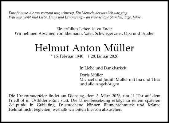 Traueranzeige von Helmut Anton Müller von Stuttgarter Zeitung / Stuttgarter Nachrichten