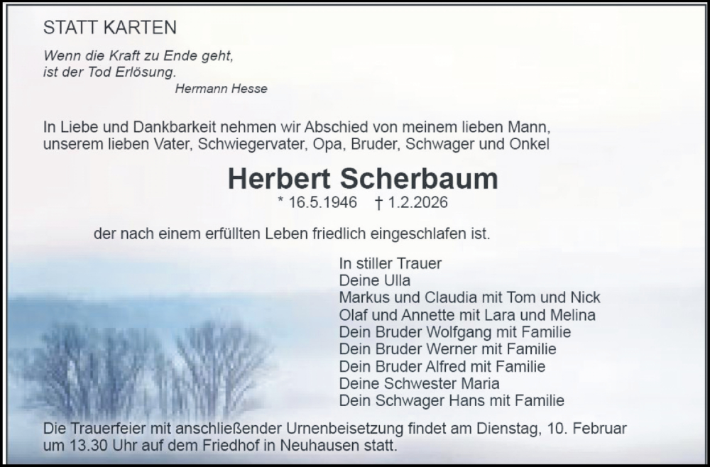  Traueranzeige für Herbert Scherbaum vom 07.02.2026 aus Eßlinger Zeitung