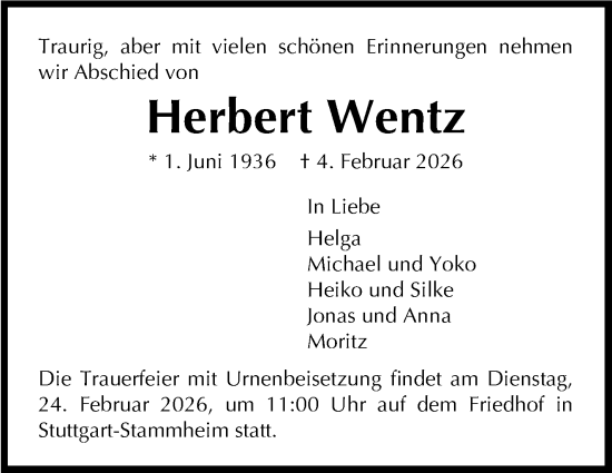 Traueranzeige von Herbert Wentz von Stuttgarter Zeitung / Stuttgarter Nachrichten