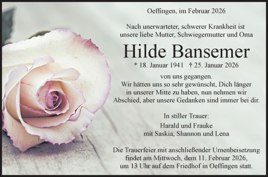 Traueranzeige von Hilde Bansemer von Stuttgarter Zeitung / Stuttgarter Nachrichten