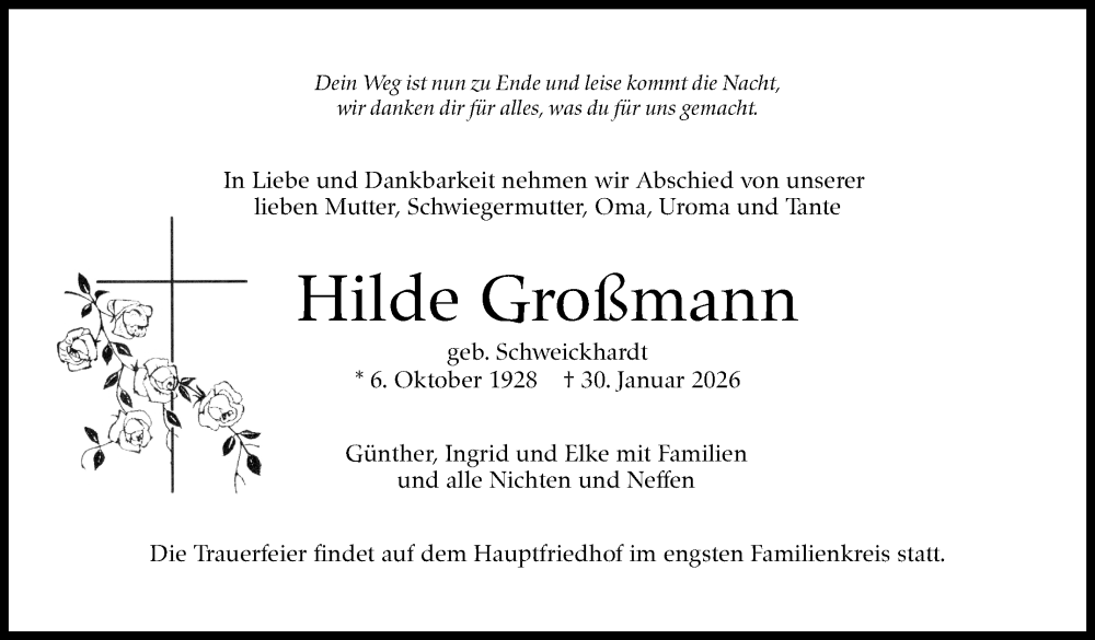 Traueranzeige für Hilde Großmann vom 07.02.2026 aus Stuttgarter Zeitung / Stuttgarter Nachrichten