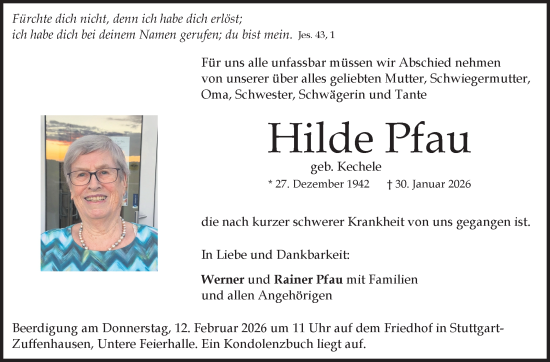 Traueranzeige von Hilde Pfau von Stuttgarter Zeitung / Stuttgarter Nachrichten