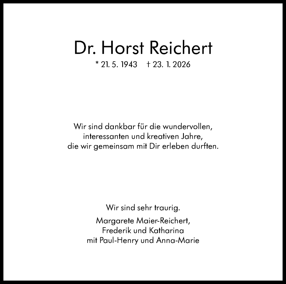  Traueranzeige für Horst Reichert vom 07.02.2026 aus Stuttgarter Zeitung / Stuttgarter Nachrichten